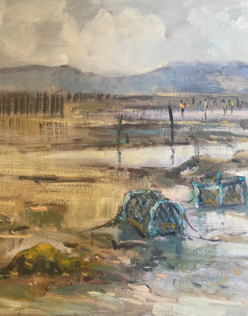 Huile sur toile, pêche à marrée basse en Bretagne, tableau signé Jean-Claude Quinette. Antiquités de France