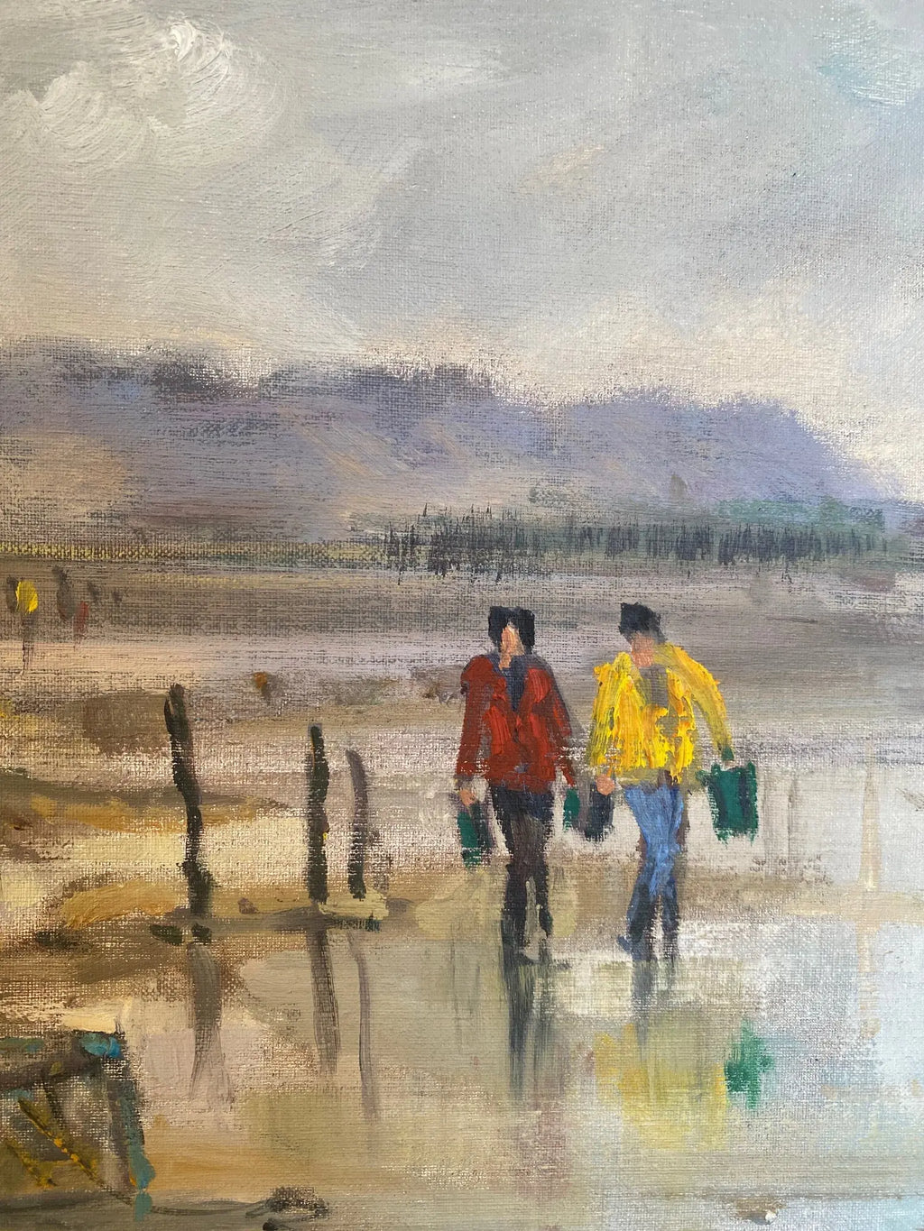 Huile sur toile, pêche à marrée basse en Bretagne, tableau signé Jean-Claude Quinette. Antiquités de France