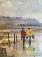 Huile sur toile, pêche à marrée basse en Bretagne, tableau signé Jean-Claude Quinette. Antiquités de France
