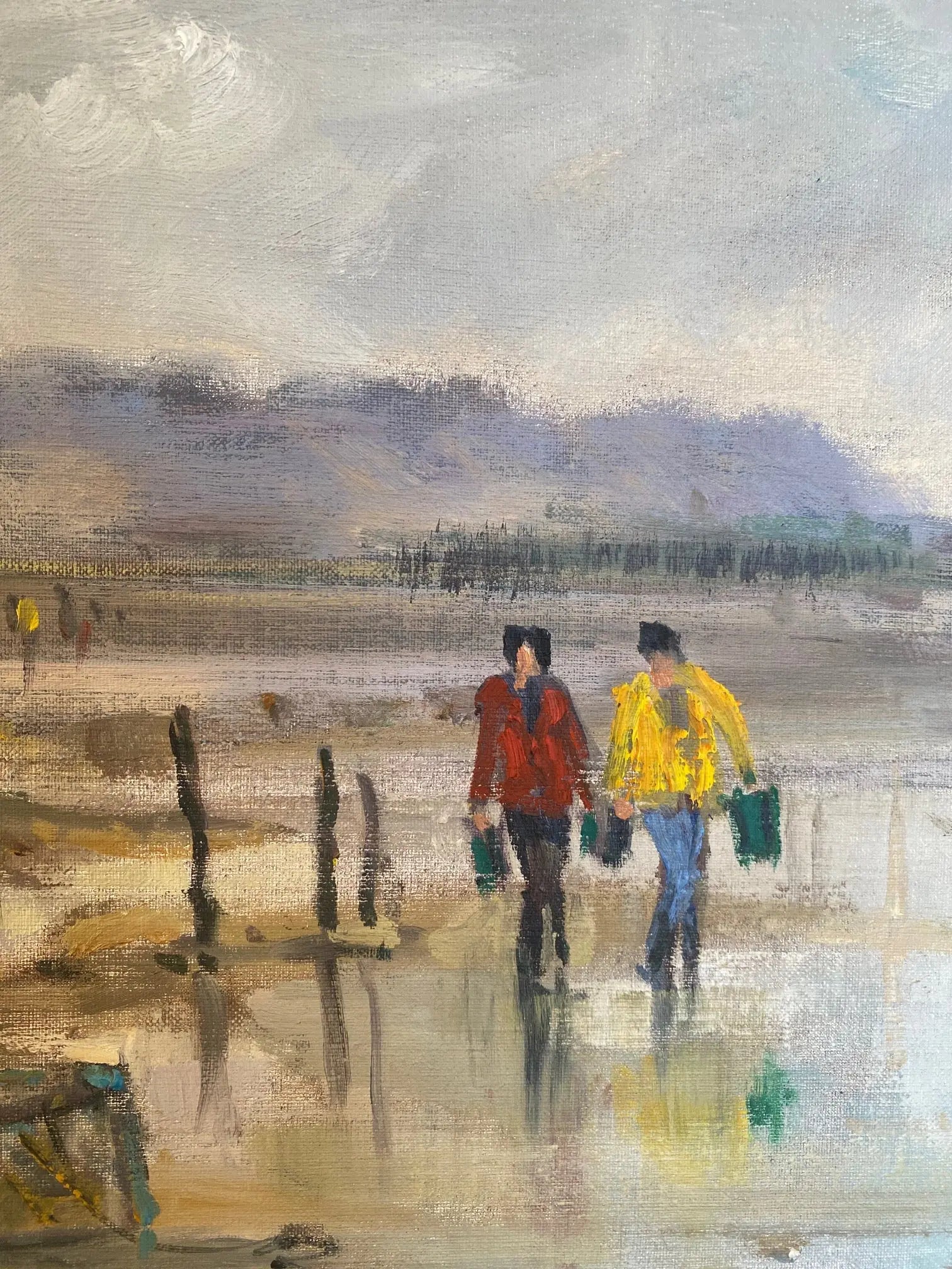 Huile sur toile, pêche à marrée basse en Bretagne, tableau signé Jean-Claude Quinette. Antiquités de France