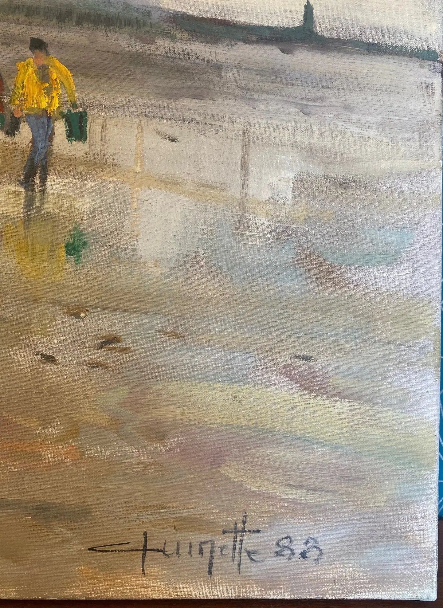 Huile sur toile, pêche à marrée basse en Bretagne, tableau signé Jean-Claude Quinette. Antiquités de France