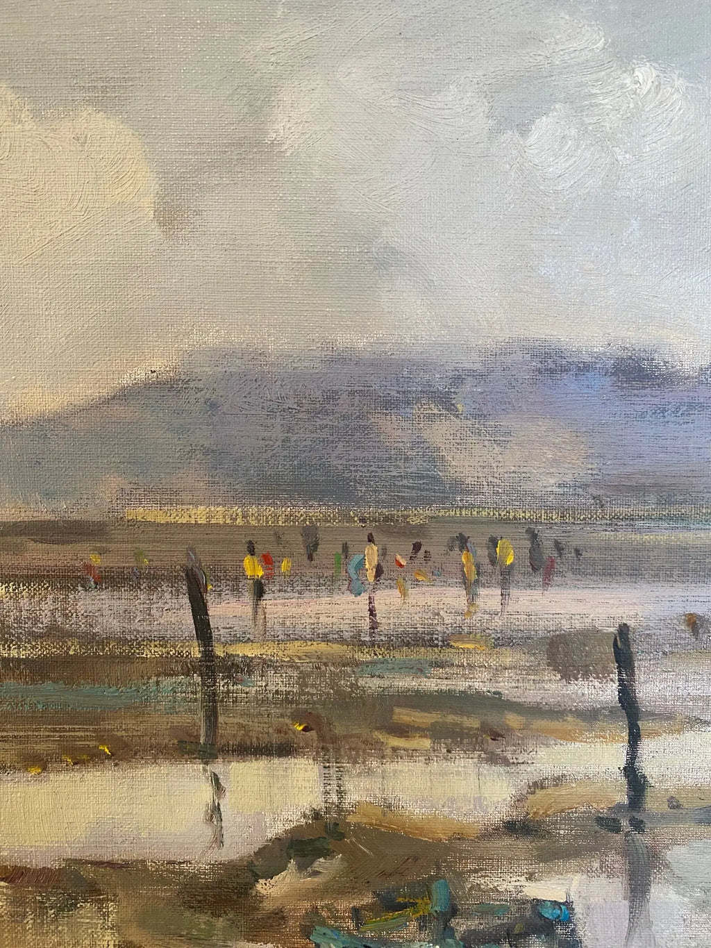 Huile sur toile, pêche à marrée basse en Bretagne, tableau signé Jean-Claude Quinette. Antiquités de France