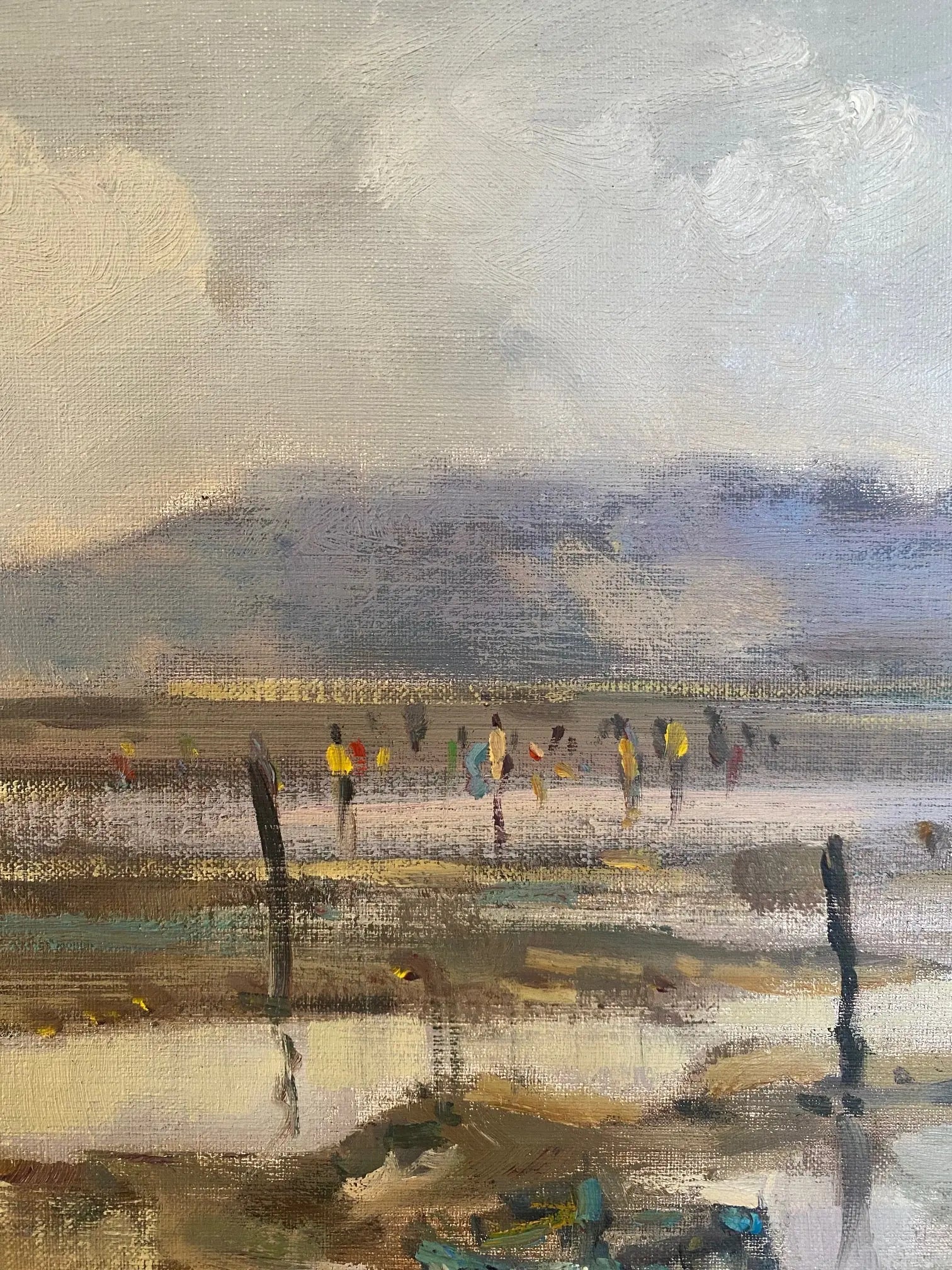 Huile sur toile, pêche à marrée basse en Bretagne, tableau signé Jean-Claude Quinette. Antiquités de France