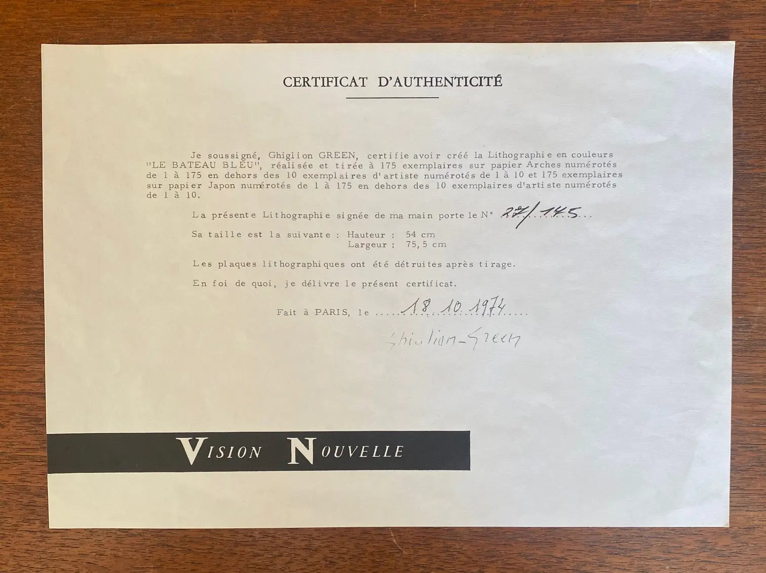 Lithographie ancienne signée et numérotée, avec certificat. M. Ghiglion-Green. Antiquités de France