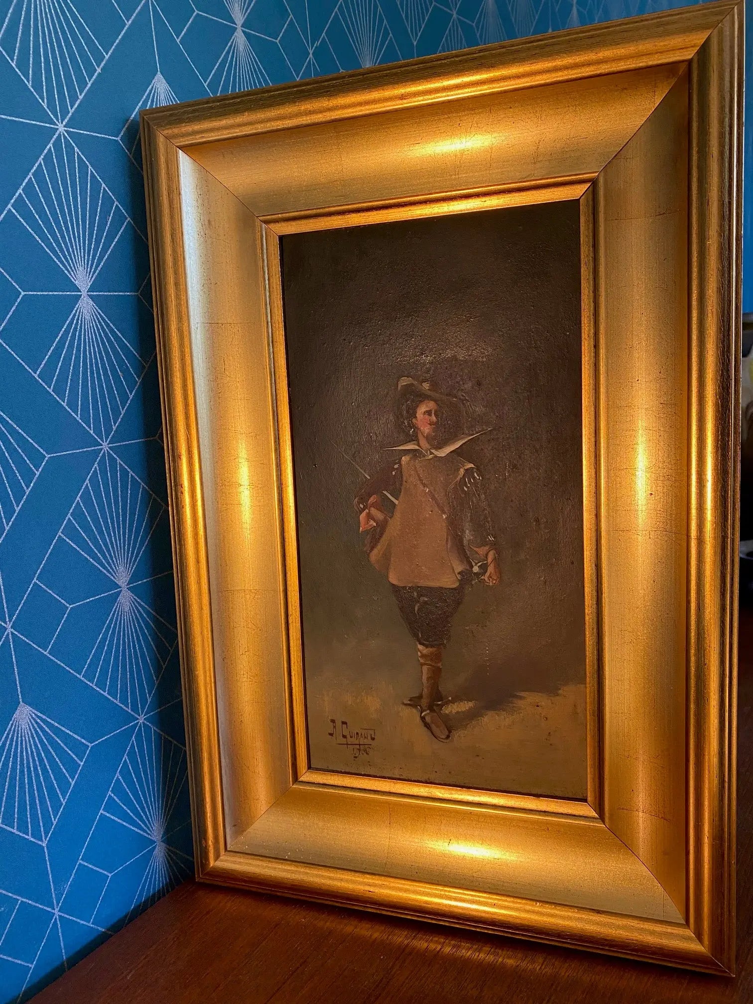 Huile sur panneau, début XIXème, signée R. Guiraud. 30x15cm. Le Mousquetaire. Antiquités de France