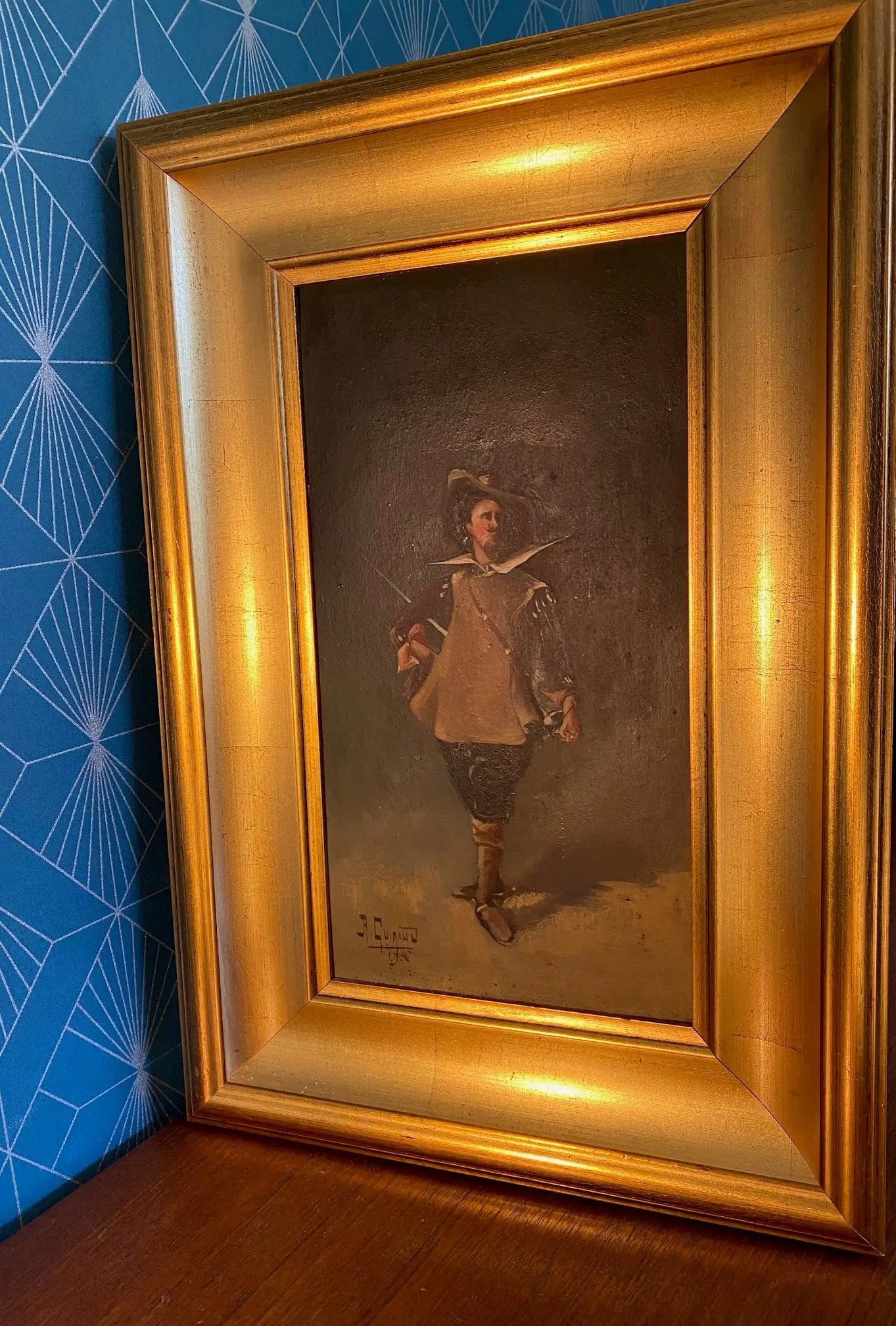 Huile sur panneau, début XIXème, signée R. Guiraud. 30x15cm. Le Mousquetaire. Antiquités de France