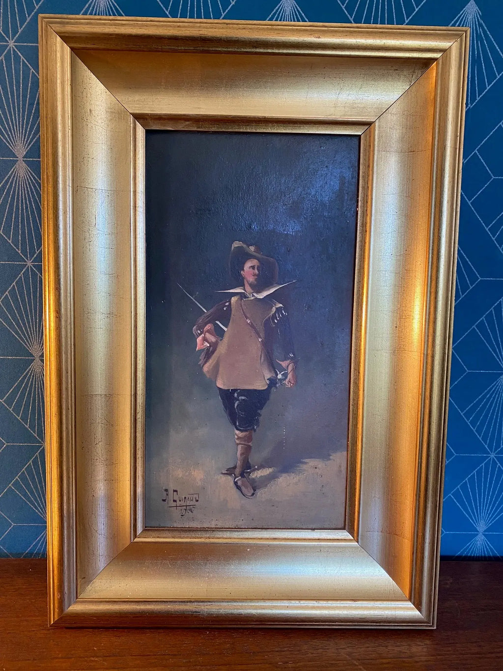 Huile sur panneau, début XIXème, signée R. Guiraud. 30x15cm. Le Mousquetaire. Antiquités de France