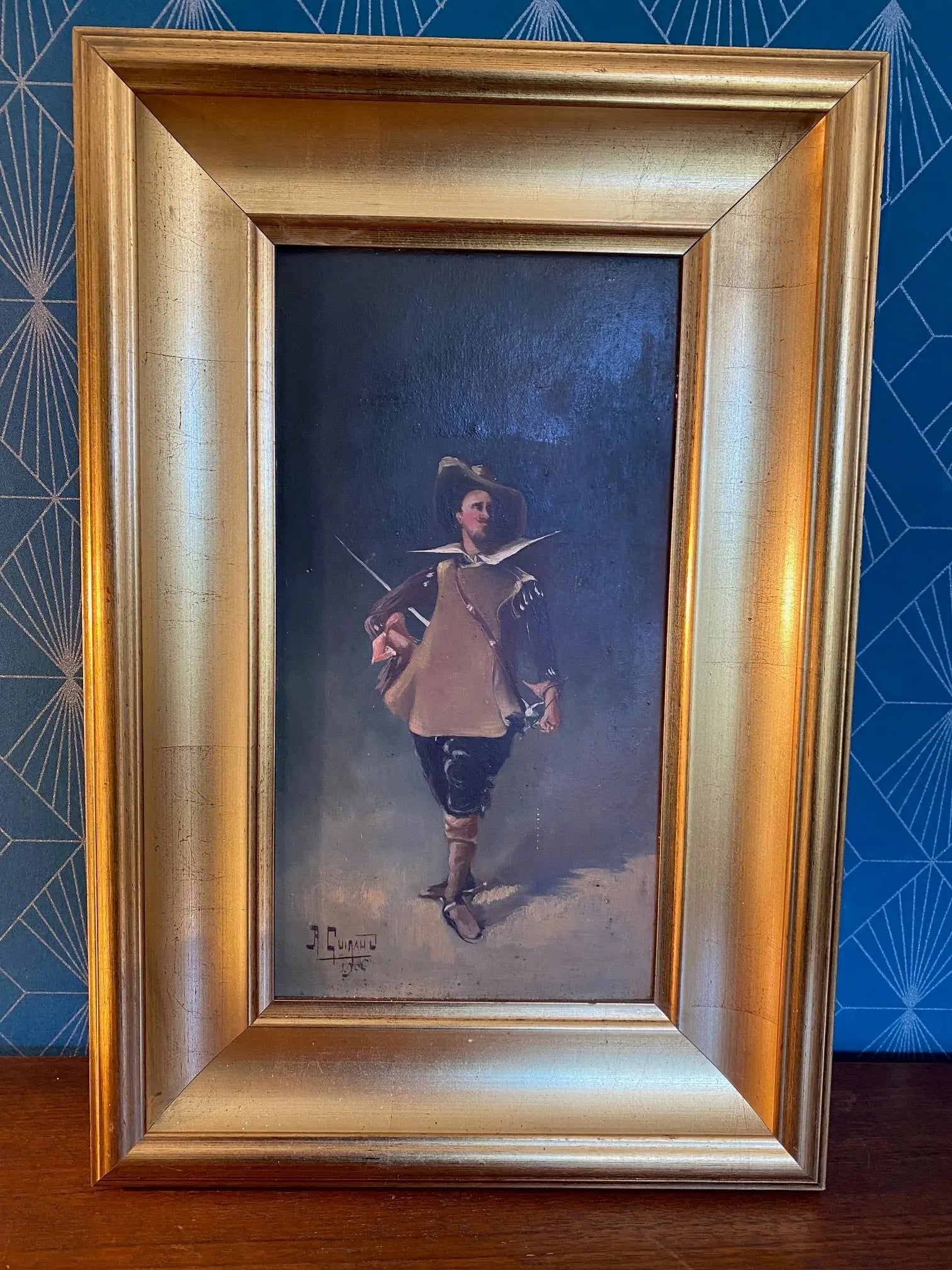 Huile sur panneau, début XIXème, signée R. Guiraud. 30x15cm. Le Mousquetaire. Antiquités de France