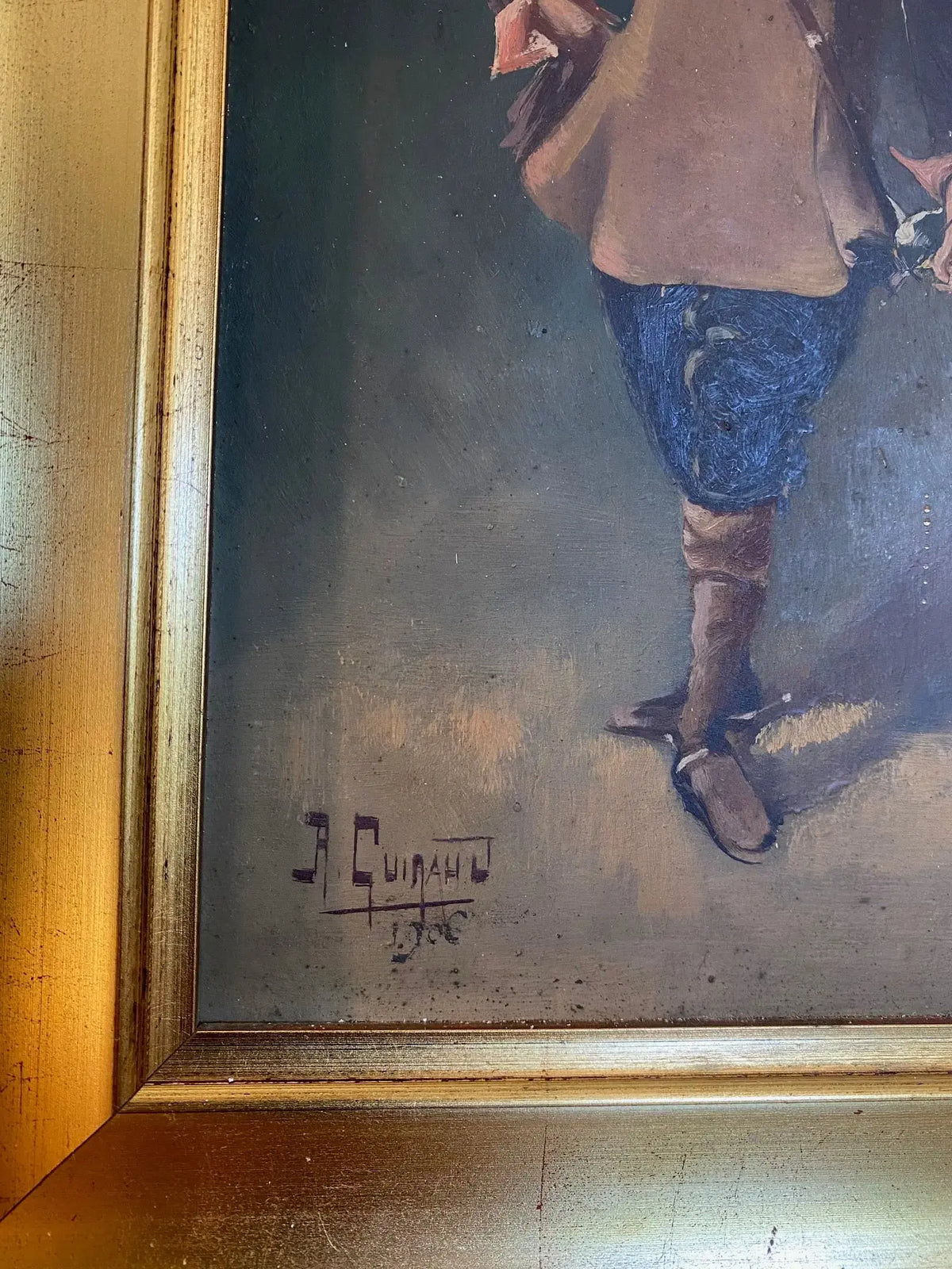 Huile sur panneau, début XIXème, signée R. Guiraud. 30x15cm. Le Mousquetaire. Antiquités de France