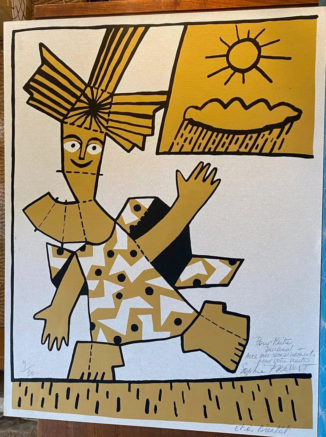 Bretonne en Lithographie signée Sophie Prévost, XXème, bigoudène stylisée. Antiquités de France