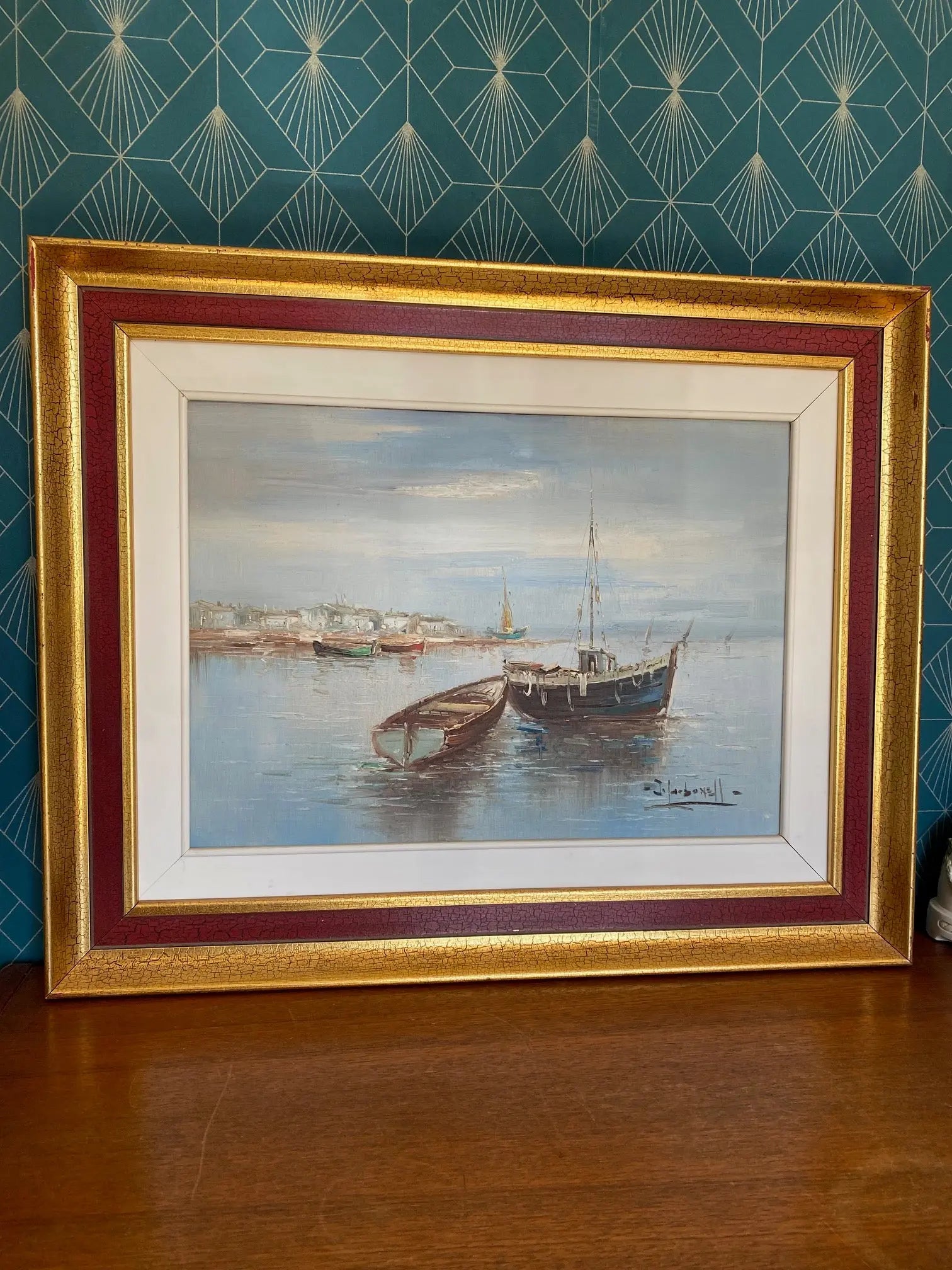 Huile sur toile, marine de Bretagne, tableau signé, sur le thème port et bateaux. Antiquités de France