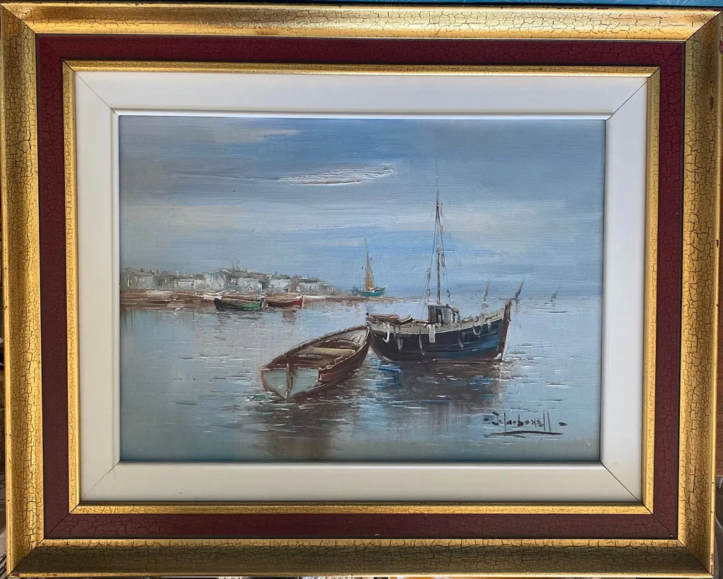 Huile sur toile, marine de Bretagne, tableau signé, sur le thème port et bateaux. Antiquités de France