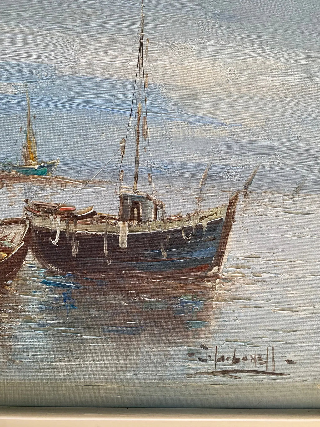 Huile sur toile, marine de Bretagne, tableau signé, sur le thème port et bateaux. Antiquités de France