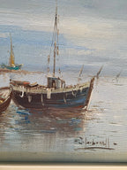 Huile sur toile, marine de Bretagne, tableau signé, sur le thème port et bateaux. Antiquités de France