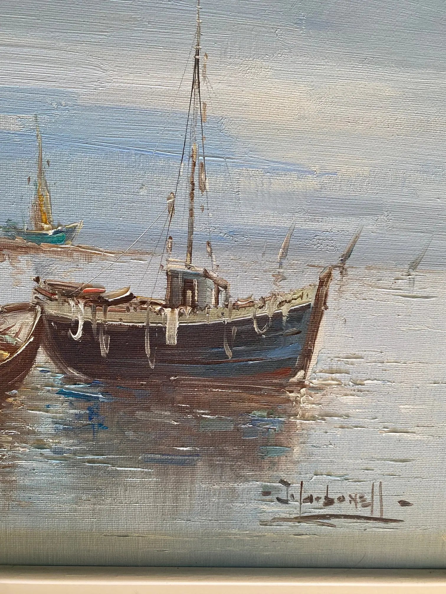 Huile sur toile, marine de Bretagne, tableau signé, sur le thème port et bateaux. Antiquités de France