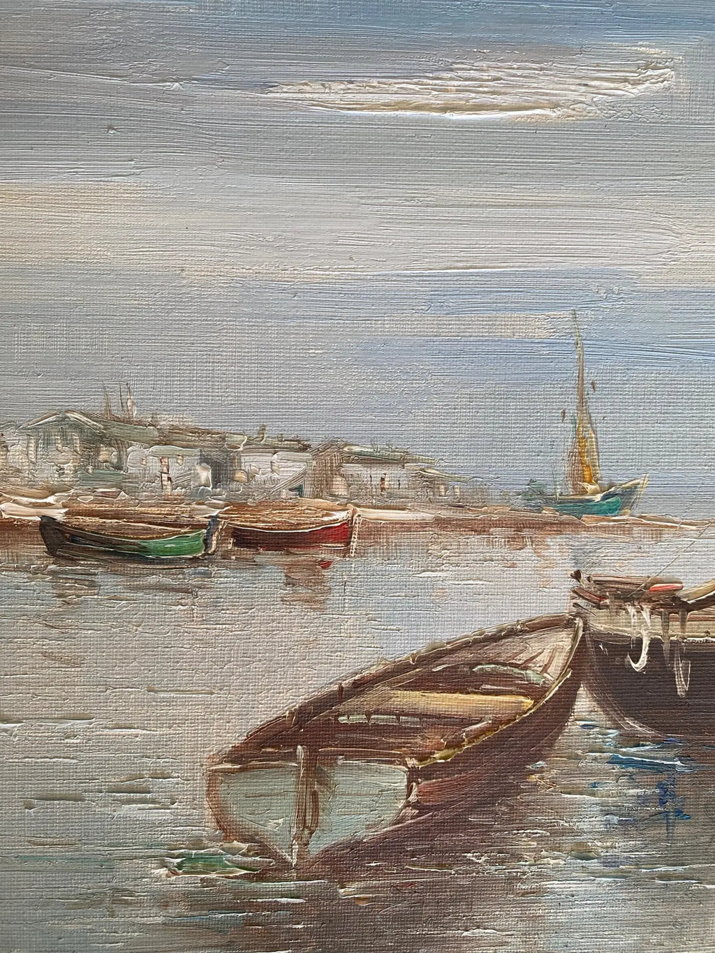 Huile sur toile, marine de Bretagne, tableau signé, sur le thème port et bateaux. Antiquités de France