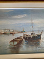 Huile sur toile, marine de Bretagne, tableau signé, sur le thème port et bateaux. Antiquités de France