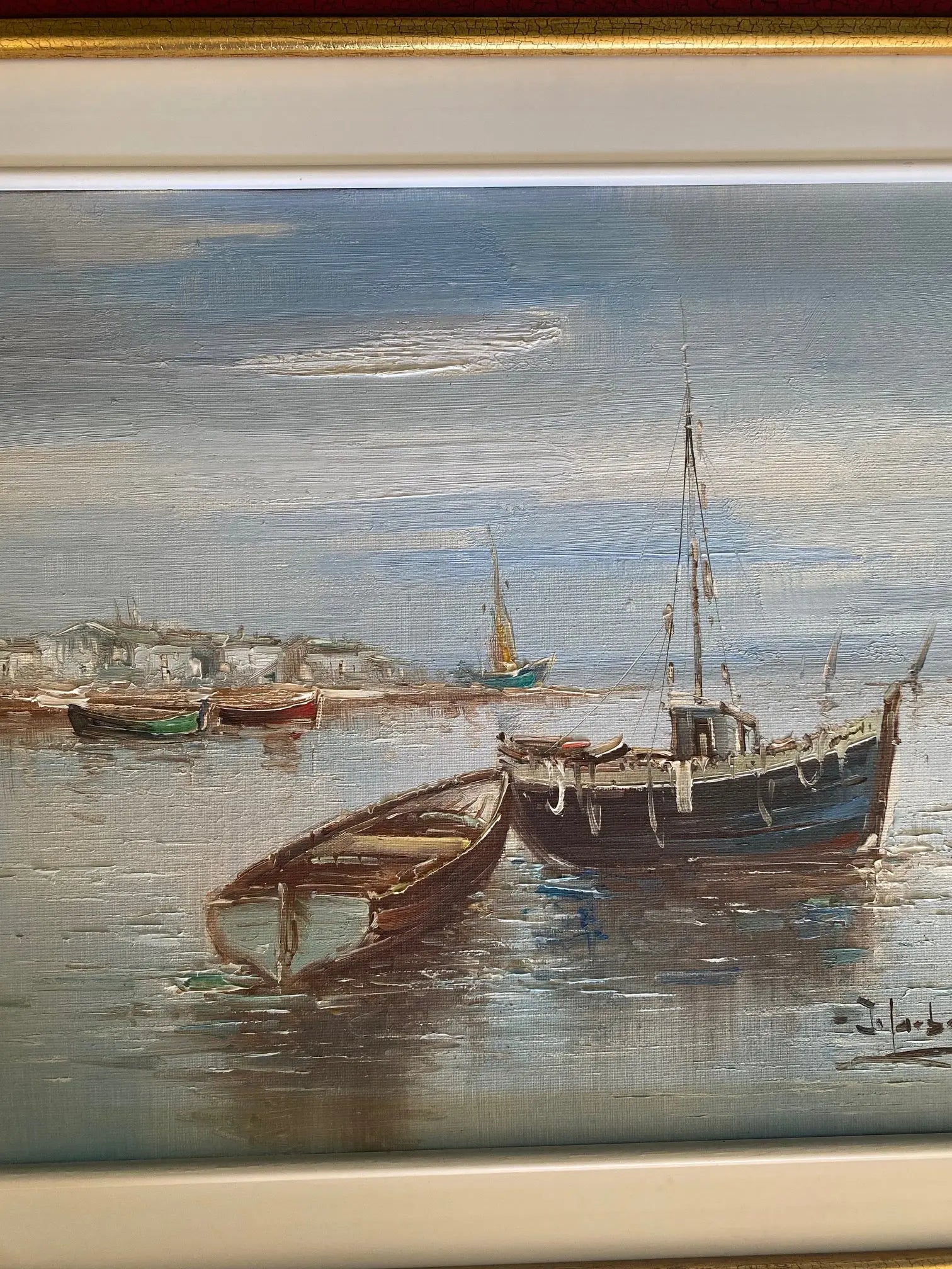 Huile sur toile, marine de Bretagne, tableau signé, sur le thème port et bateaux. Antiquités de France
