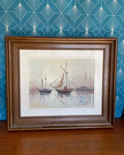 Huile sur toile, marine de Bretagne, tableau signé Segrelles, thème plage et mer. Antiquités de France