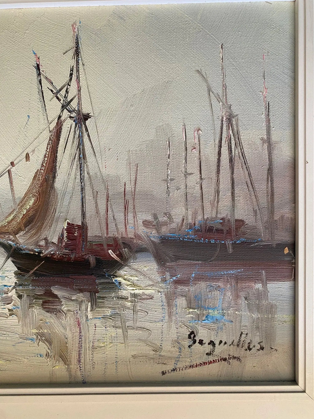 Huile sur toile, marine de Bretagne, tableau signé Segrelles, thème plage et mer. Antiquités de France