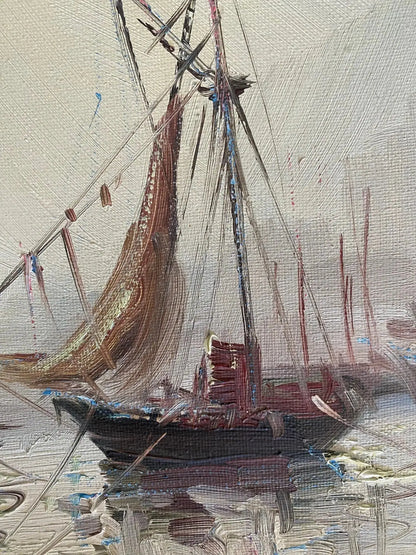 Huile sur toile, marine de Bretagne, tableau signé Segrelles, thème plage et mer. Antiquités de France