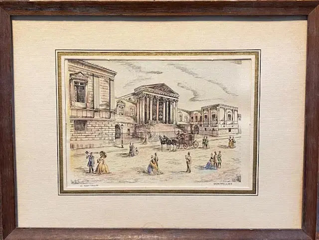 Lithographie originale H. Coulon – place à Montpellier, Art Déco, 25x18 cm, signée-{{shop name}}
