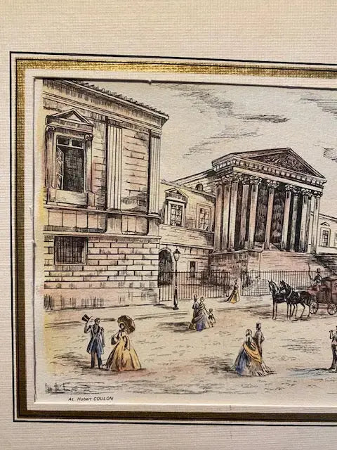 Lithographie originale H. Coulon – place à Montpellier, Art Déco, 25x18 cm, signée-{{shop name}}
