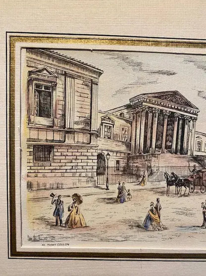 Lithographie originale H. Coulon – place à Montpellier, Art Déco, 25x18 cm, signée-{{shop name}}