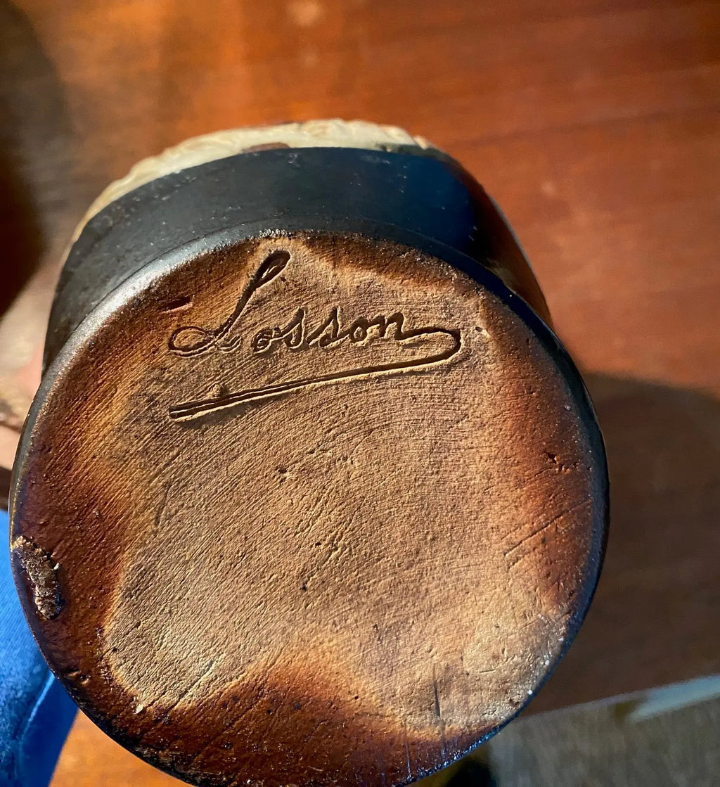 Vieux pichet en céramique du début XXe, Grès à Décor d'un tonneau, Signé LOSSON Antiquités de France