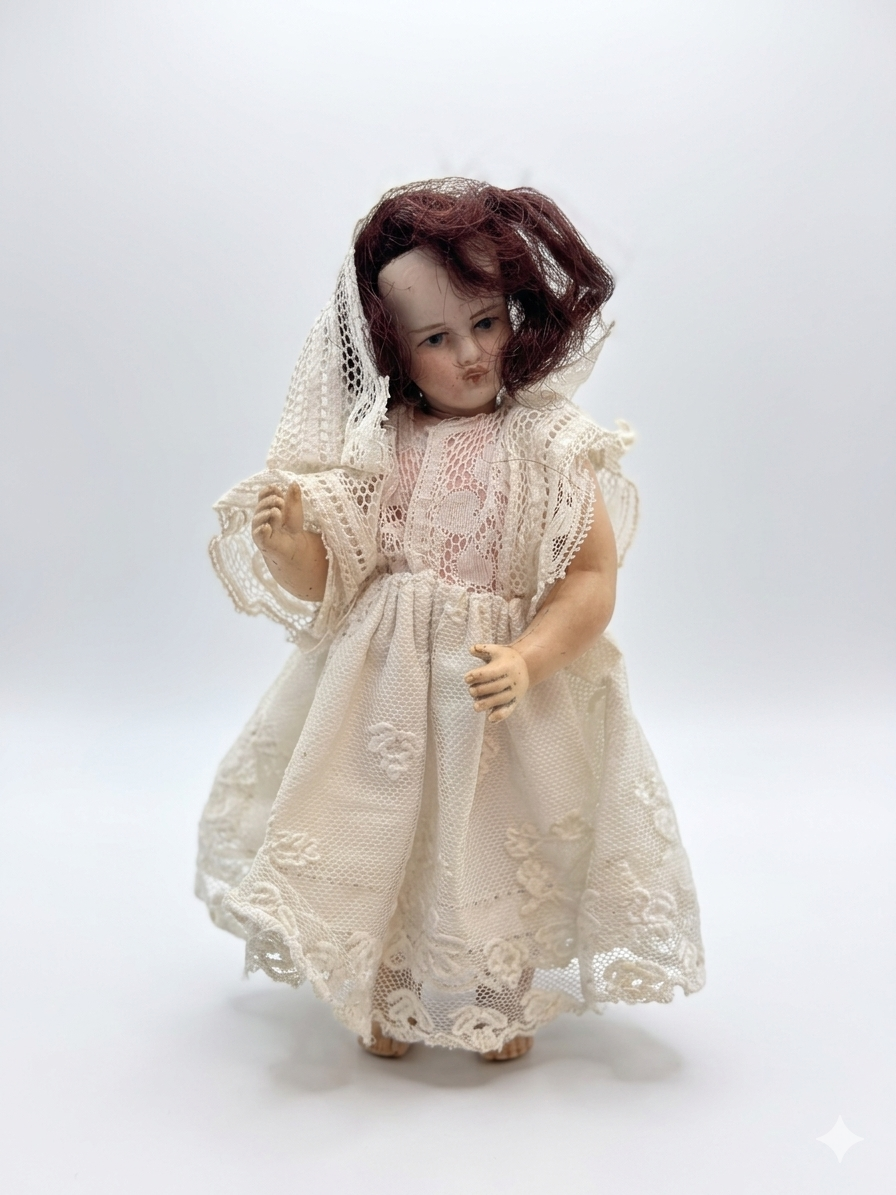 Poupée ancienne. Mignonnette Jules Verlingue 14 cm (c. 1915-1920) – Marquée à l'Ancre & Tenue de Communion
