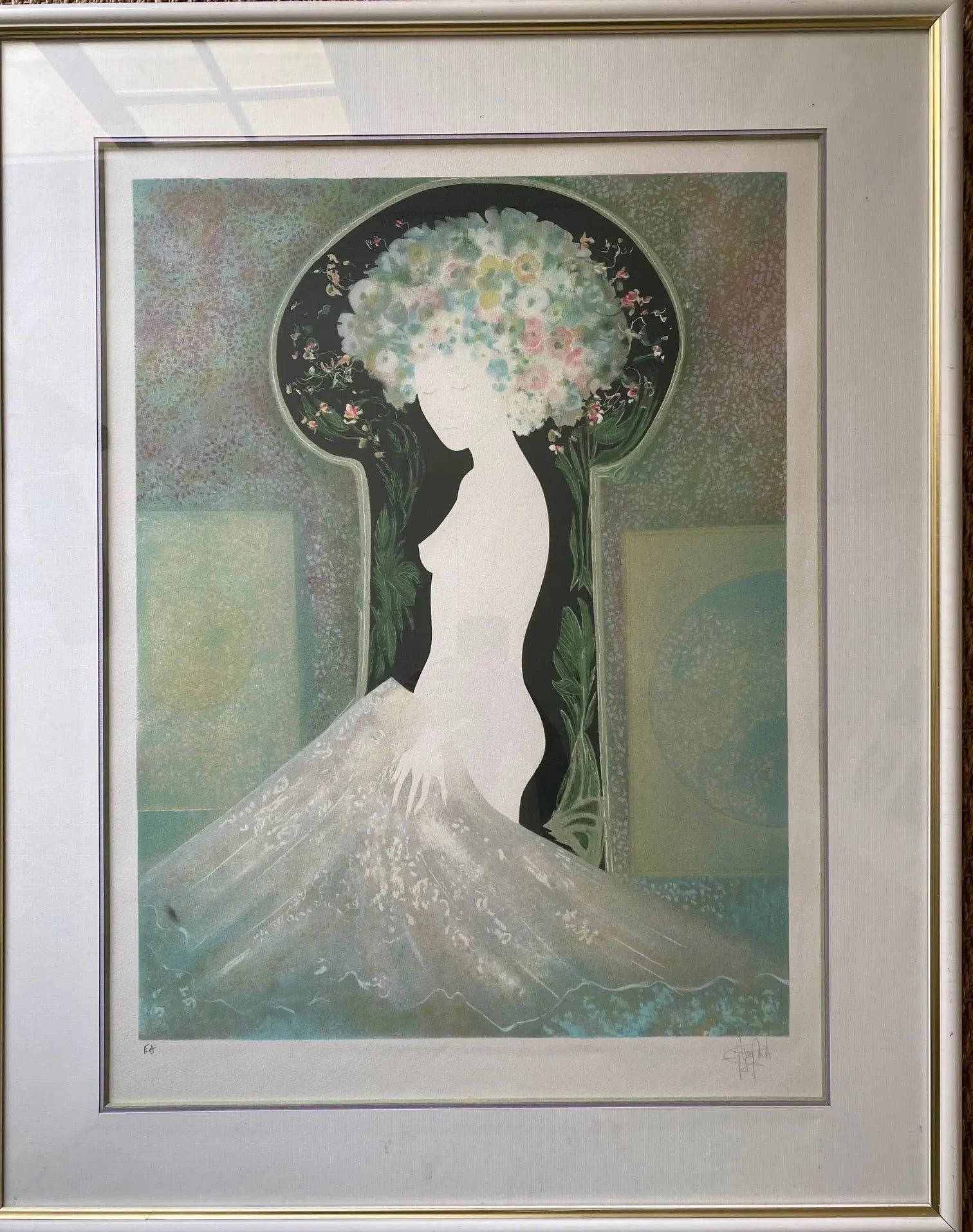 Lithographie signée Guy Ribes (1948-) ,coiffe aux fleurs, pièce unique, encadrée et sous verre. Antiquités de France