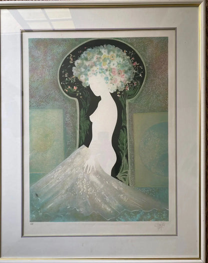 Lithographie signée Guy Ribes (1948-) ,coiffe aux fleurs, pièce unique, encadrée et sous verre. Antiquités de France