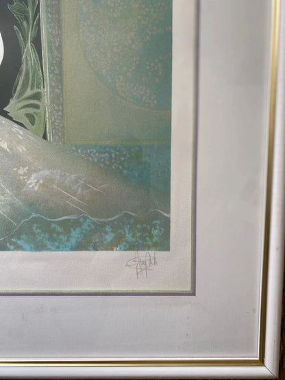 Lithographie signée Guy Ribes (1948-) ,coiffe aux fleurs, pièce unique, encadrée et sous verre. Antiquités de France