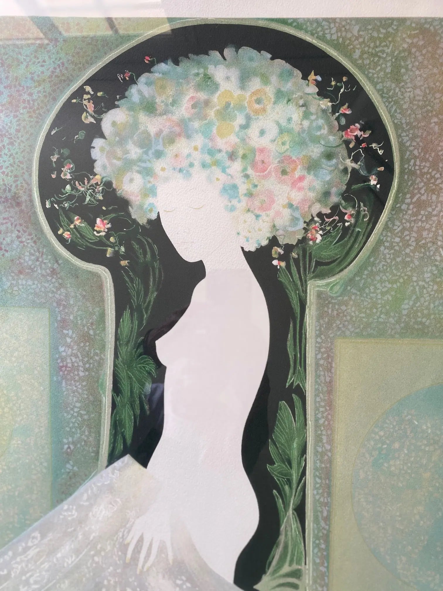 Lithographie signée Guy Ribes (1948-) ,coiffe aux fleurs, pièce unique, encadrée et sous verre. Antiquités de France