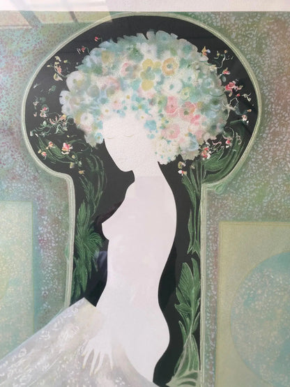 Lithographie signée Guy Ribes (1948-) ,coiffe aux fleurs, pièce unique, encadrée et sous verre. Antiquités de France