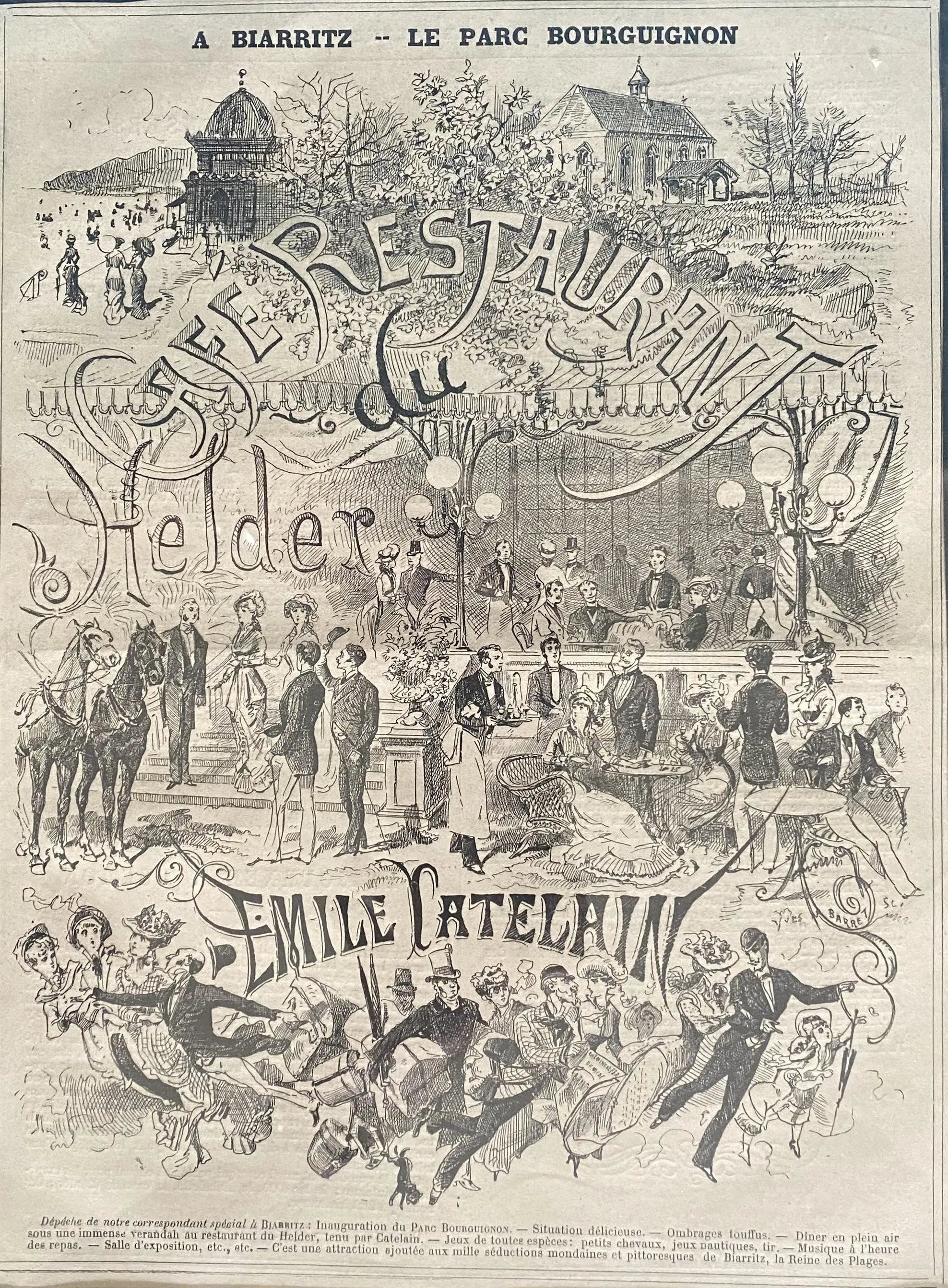 Vieux journaux, parution ancienne, encadrée , sous verre, Biarritz, par Catelain. Antiquités de France