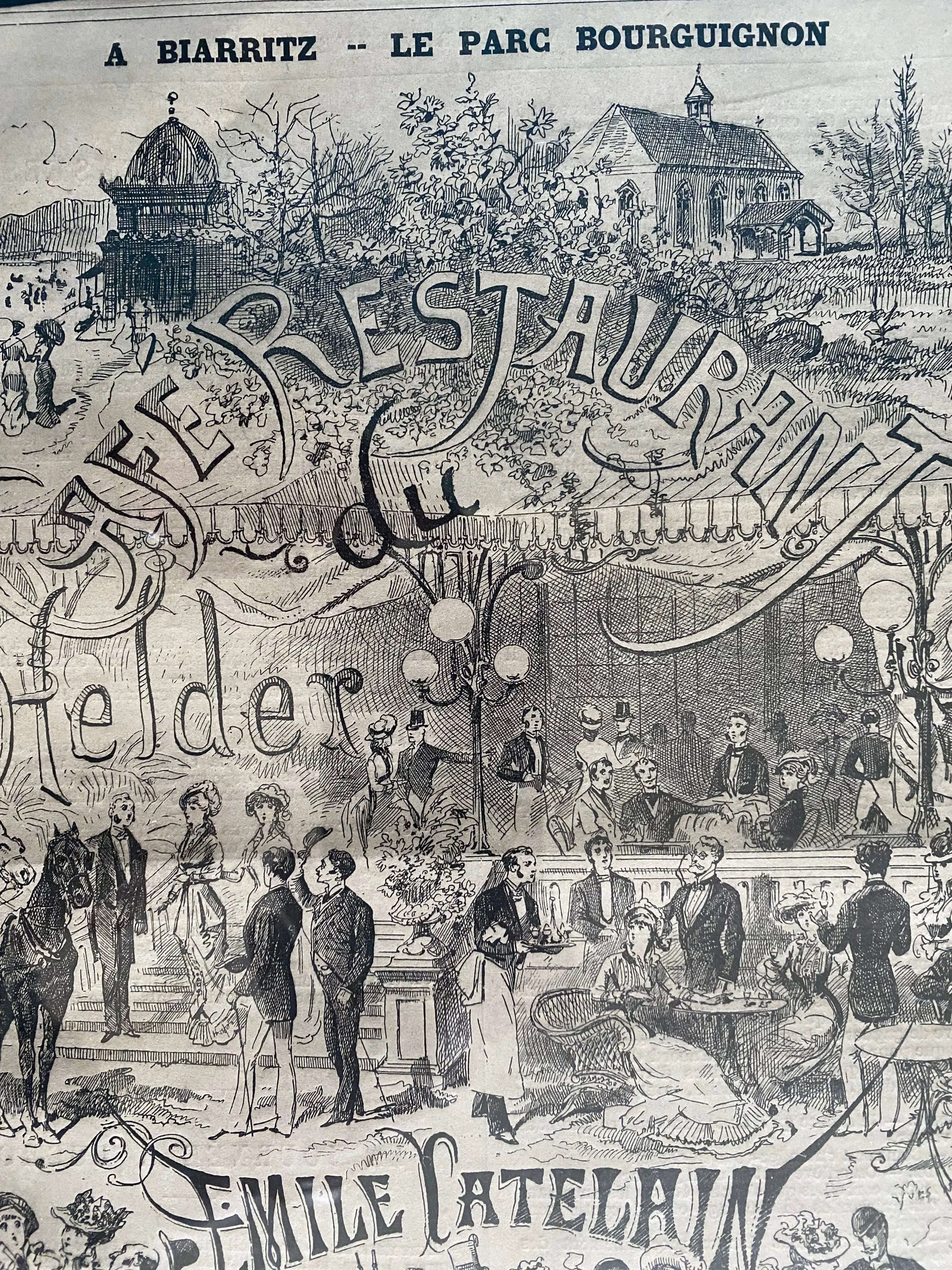 Vieux journaux, parution ancienne, encadrée , sous verre, Biarritz, par Catelain. Antiquités de France