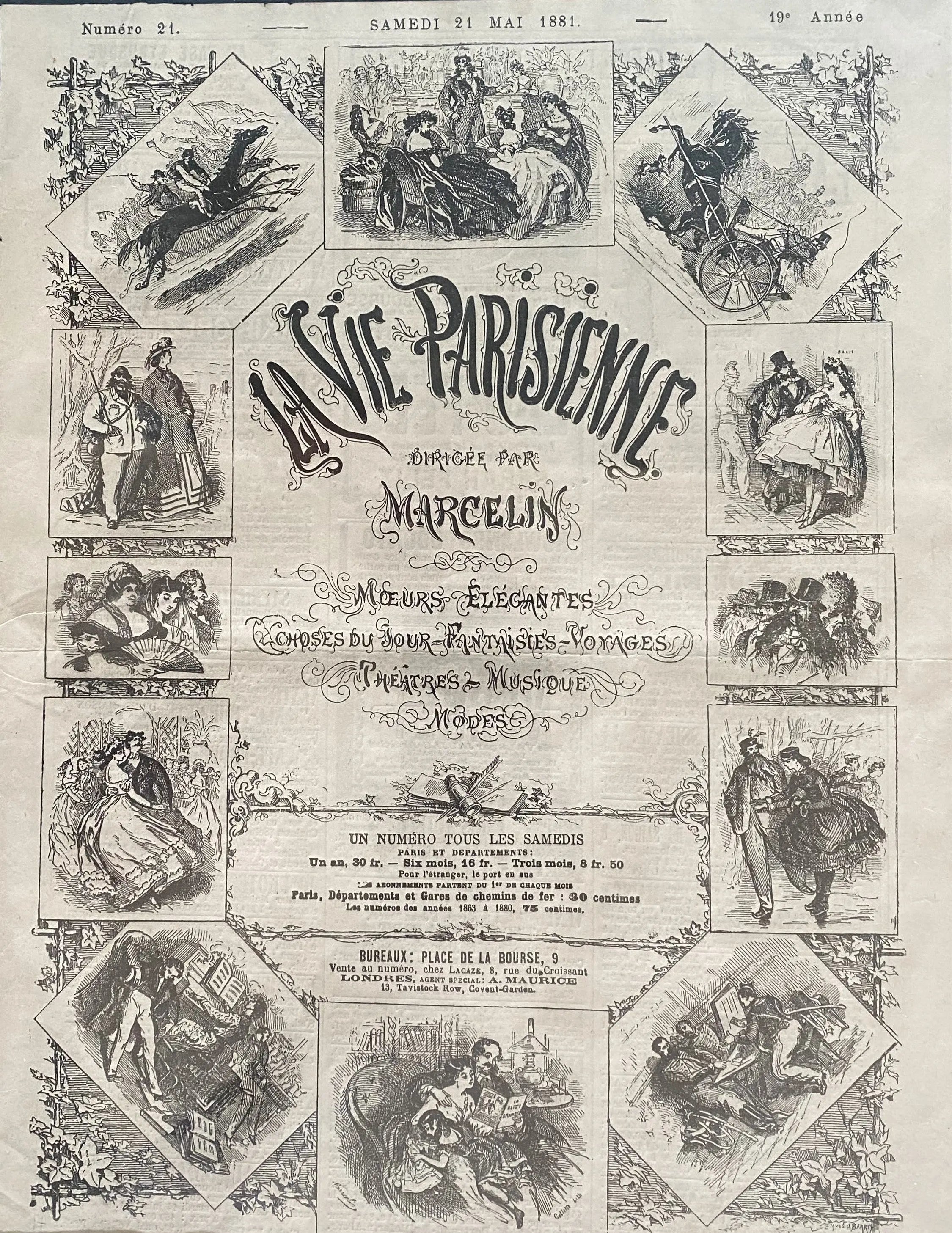 Journal ancien, parution encadrée et sous verre, La Vie Parisienne à la belle époque. Antiquités de France