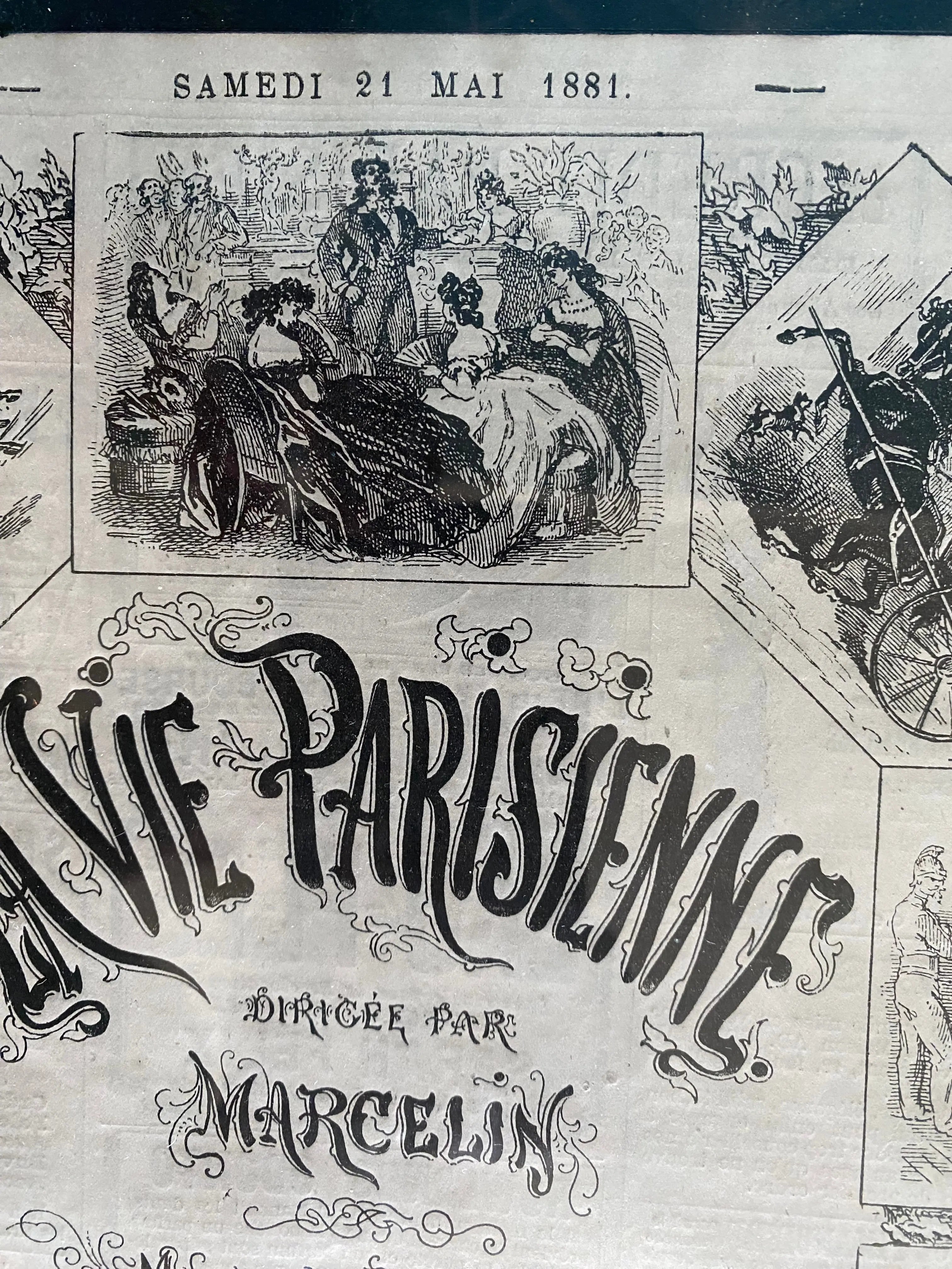 Journal ancien, parution encadrée et sous verre, La Vie Parisienne à la belle époque. Antiquités de France