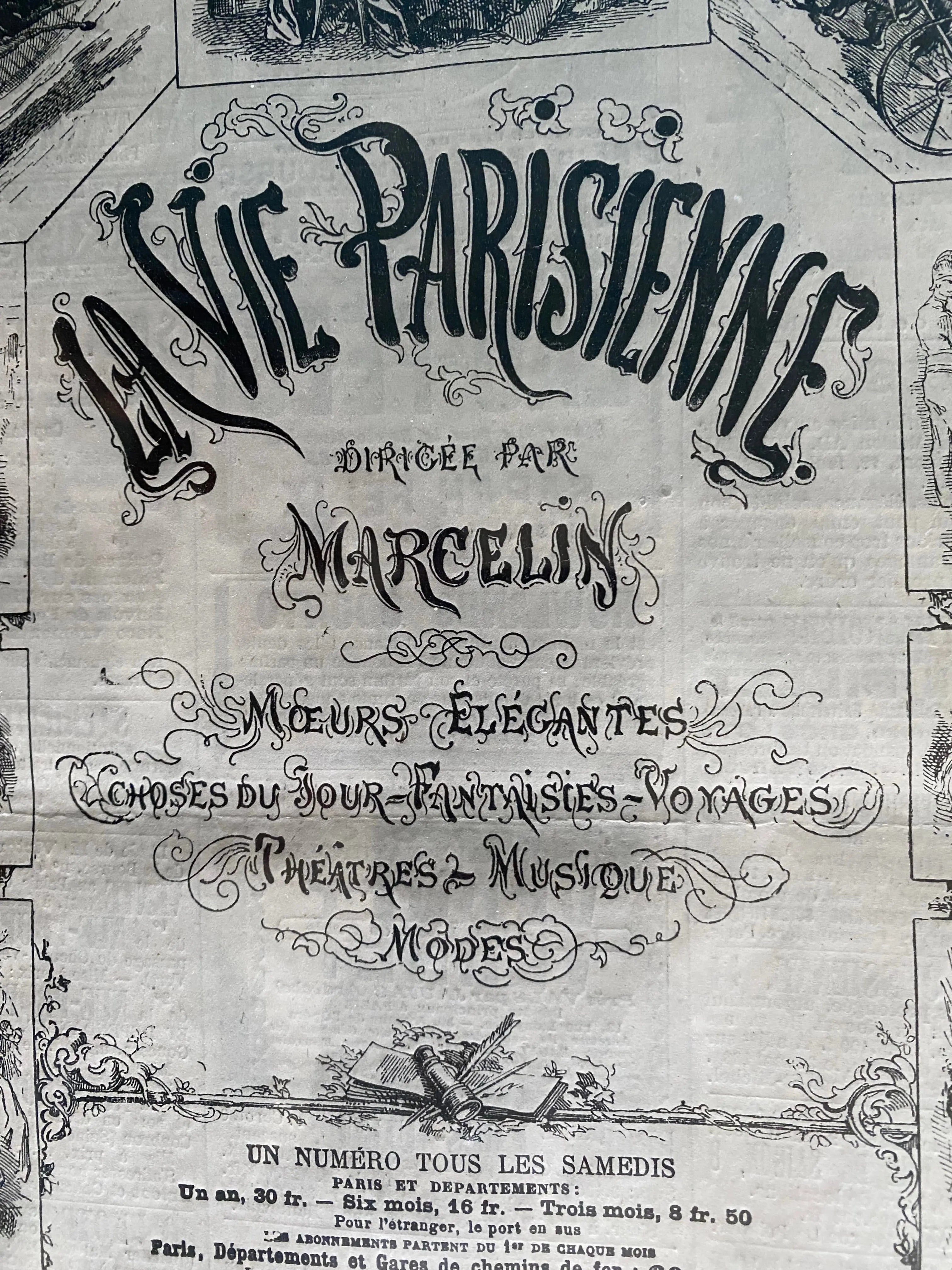 Journal ancien, parution encadrée et sous verre, La Vie Parisienne à la belle époque. Antiquités de France
