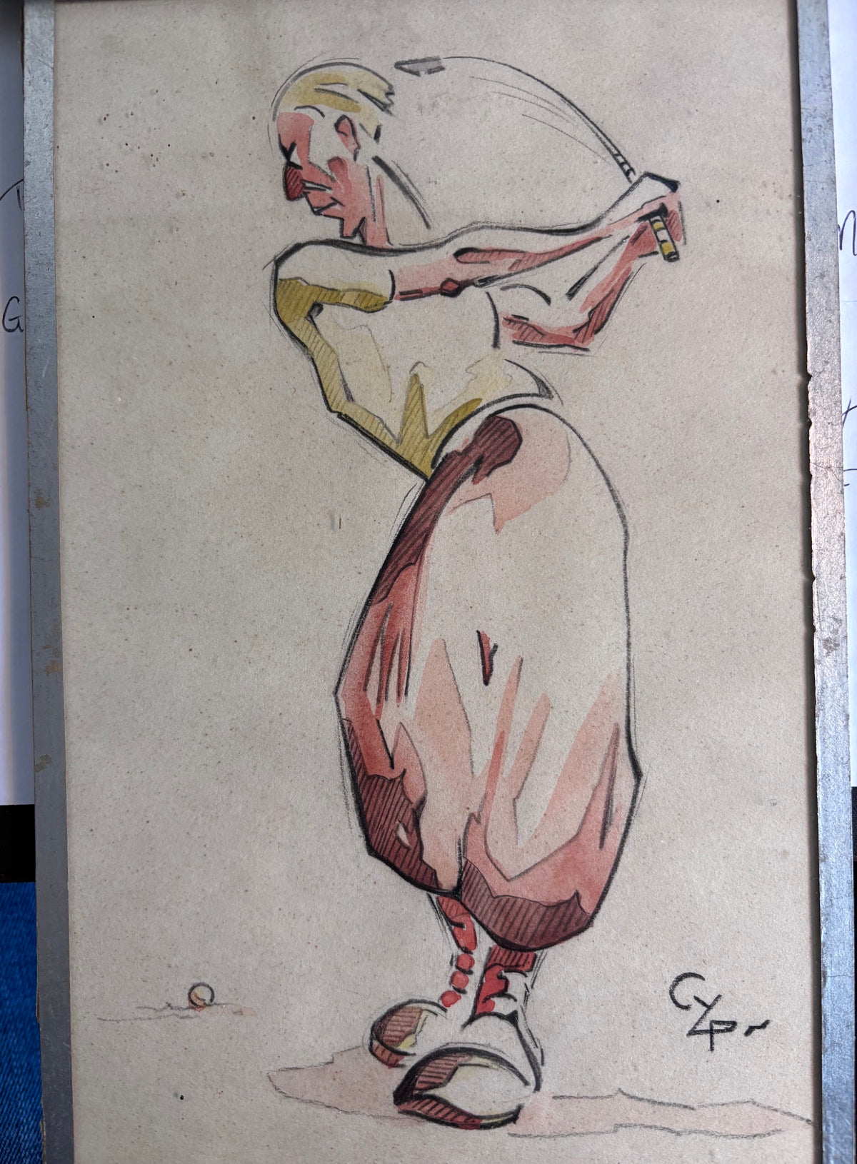 Aquarelle Originale signée Golf Caricature Vintage Années 30 Art Déco Humour CYP