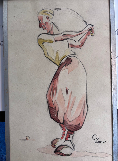 Aquarelle Originale signée Golf Caricature Vintage Années 30 Art Déco Humour CYP