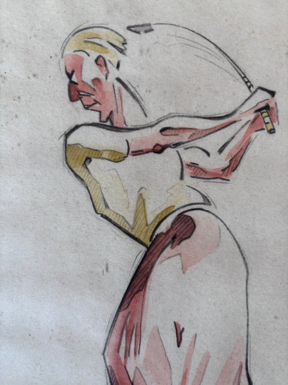 Aquarelle Originale signée Golf Caricature Vintage Années 30 Art Déco Humour CYP
