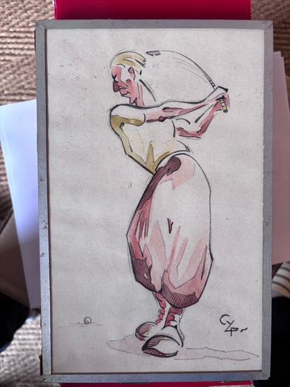 Aquarelle Originale signée Golf Caricature Vintage Années 30 Art Déco Humour CYP