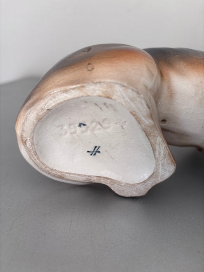 Porcelaine Sitzendorf XIXe L25cm Exceptionnel Grand Teckel | Rare Figurine Chien Allemagne 1884-1902 | Antiquité de Collection