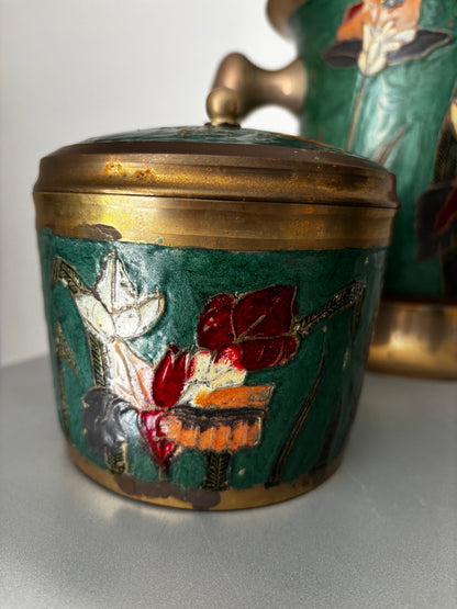Ancien Ensemble Art Nouveau Émail Cloisonné Laiton IRIS Seau Vase Boite Couverte