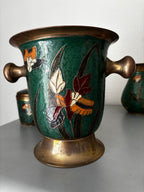 Ancien Ensemble Art Nouveau Émail Cloisonné Laiton IRIS Seau Vase Boite Couverte