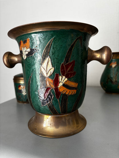 Ancien Ensemble Art Nouveau Émail Cloisonné Laiton IRIS Seau Vase Boite Couverte