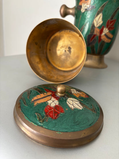 Ancien Ensemble Art Nouveau Émail Cloisonné Laiton IRIS Seau Vase Boite Couverte
