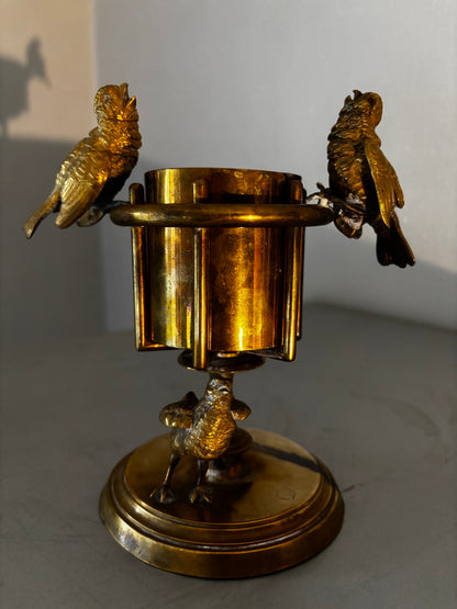 Pyrogène ancien XIXème - Porte Allumettes Laiton et Bronze Ciselé Oiseaux Chanteurs.
